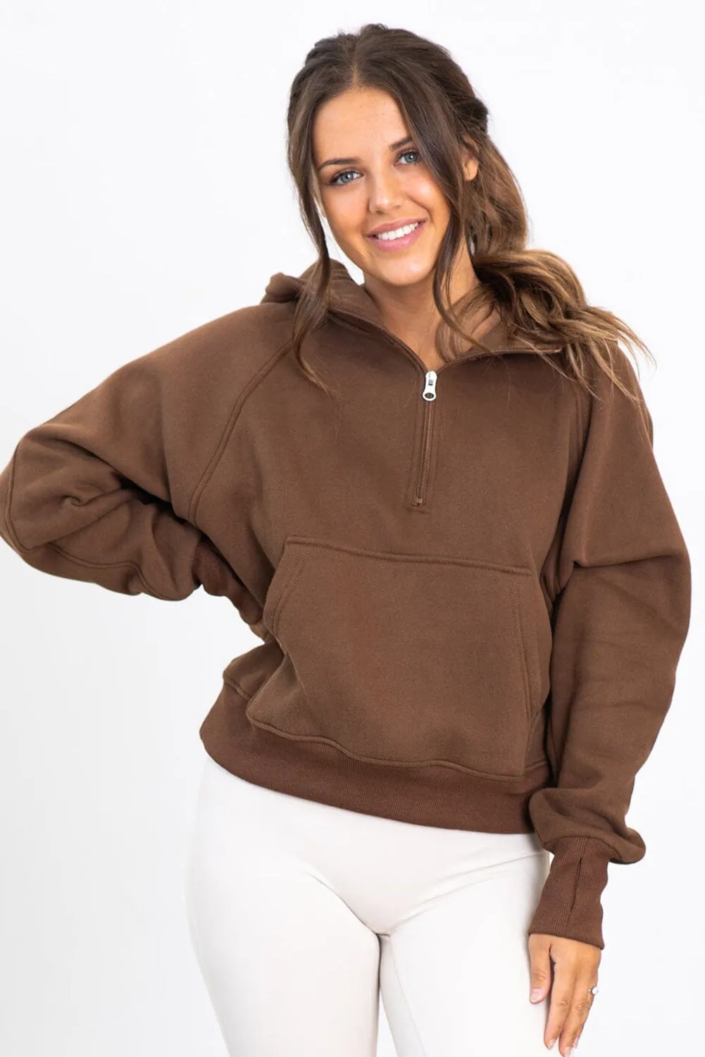 Coffee Kangaroo Pocket Half Zipper Loose Fit Hoodie