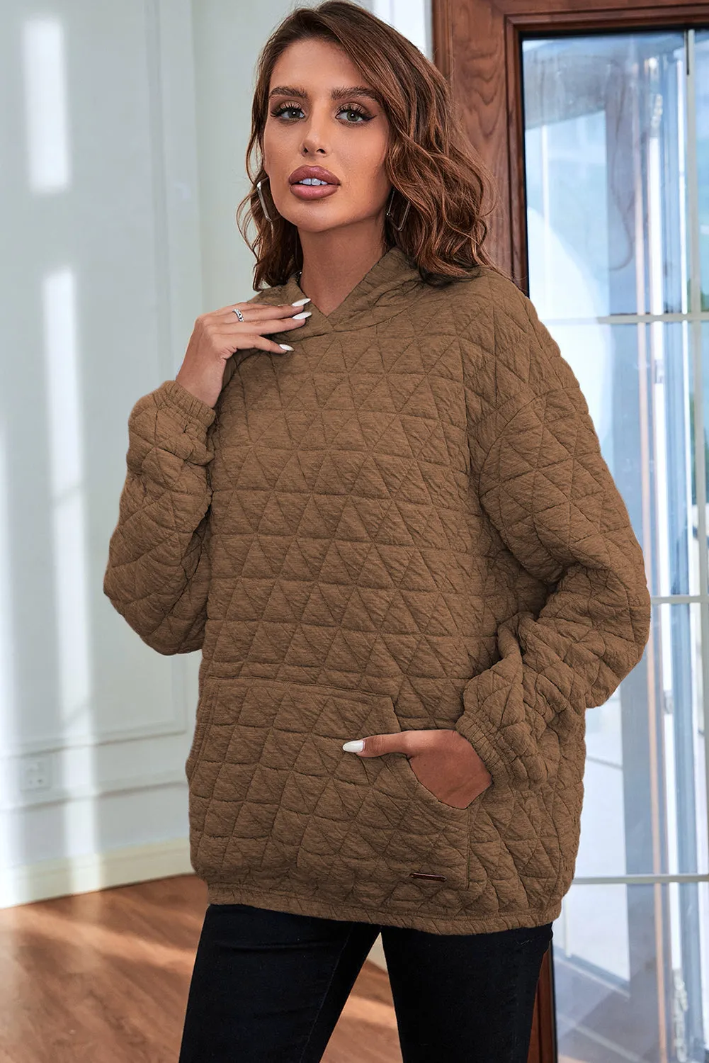 Coffee Quilted Kangaroo Pocket Hoodie