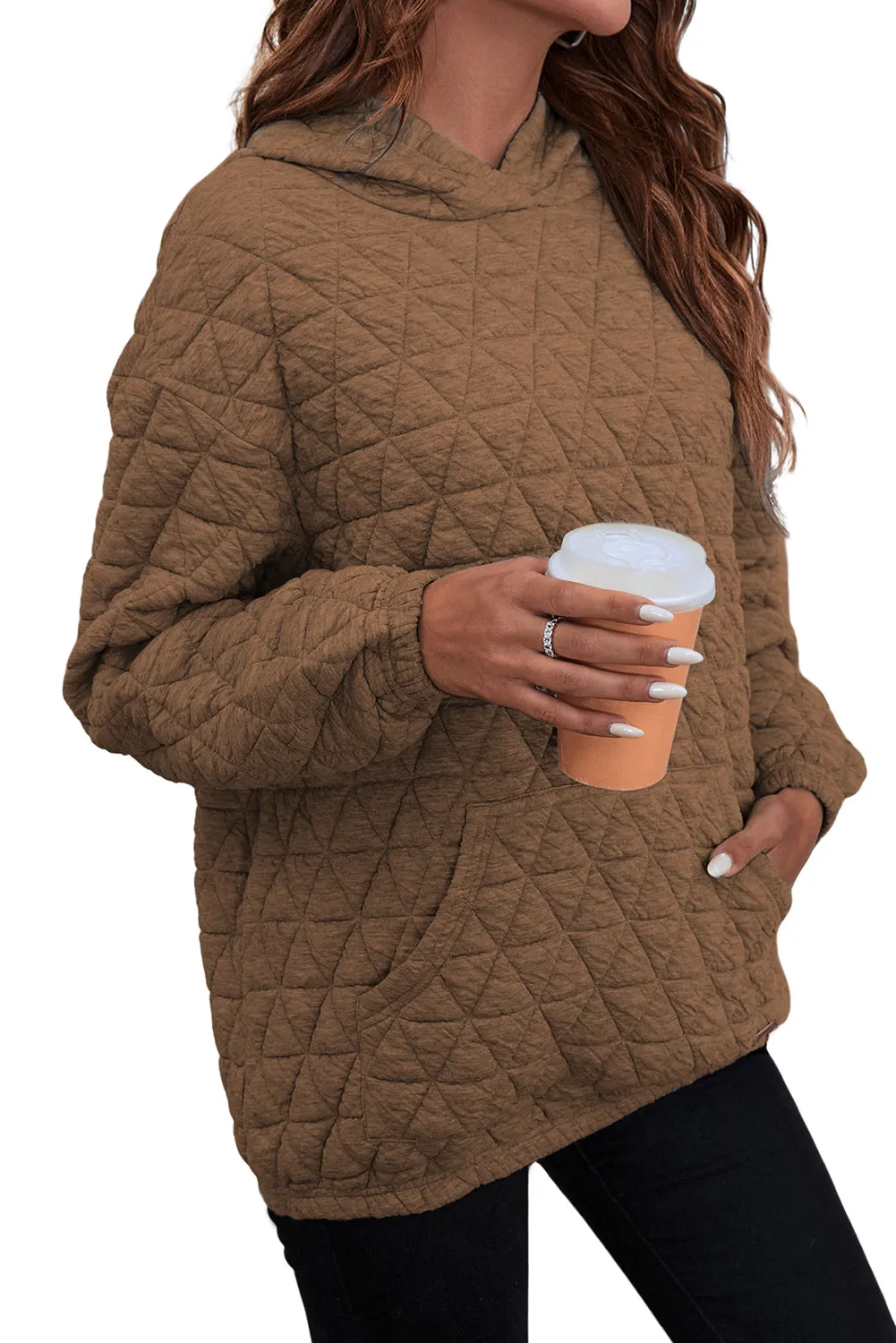 Coffee Quilted Kangaroo Pocket Hoodie