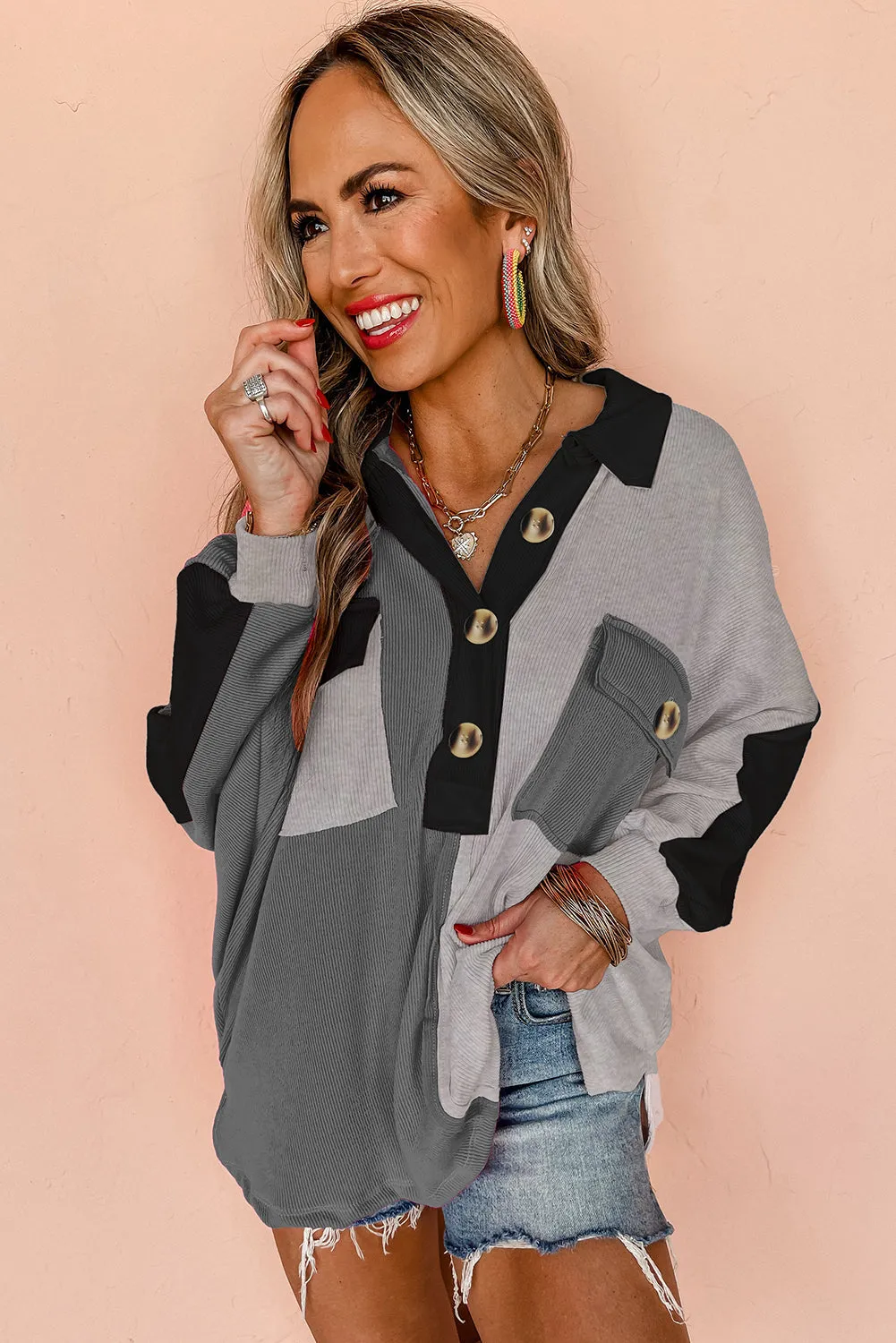 Colorblock Ribbed Collared Oversized Sweatshirt