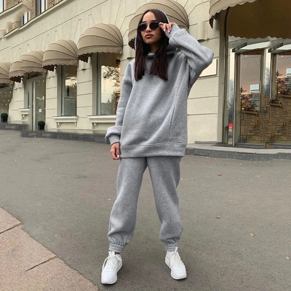 ContiNent 33 Women Fleece Two Piece Sets Elegant Solid Color Oversized Warm Hoodies and Long Pant Sports Suit Autumn Winter Tracksuit 2021
