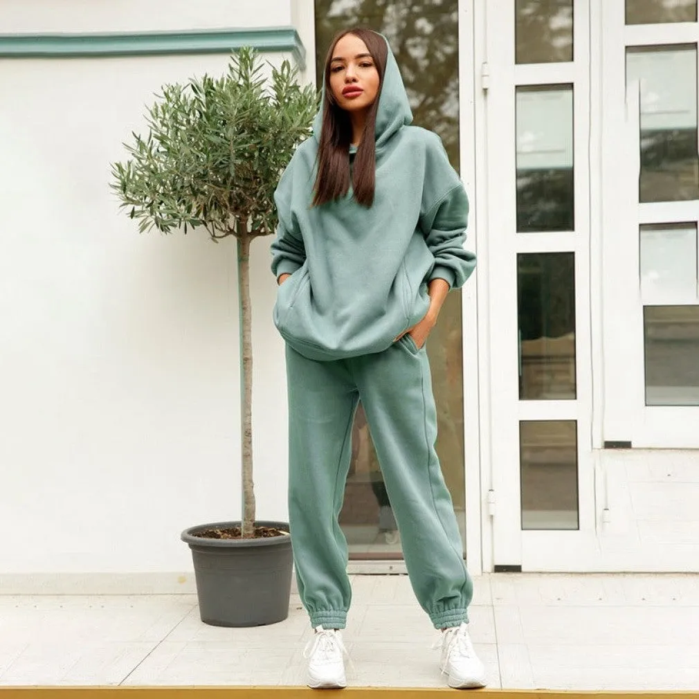 ContiNent 33 Women Fleece Two Piece Sets Elegant Solid Color Oversized Warm Hoodies and Long Pant Sports Suit Autumn Winter Tracksuit 2021