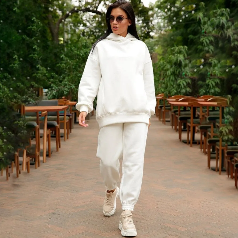 ContiNent 33 Women Fleece Two Piece Sets Elegant Solid Color Oversized Warm Hoodies and Long Pant Sports Suit Autumn Winter Tracksuit 2021