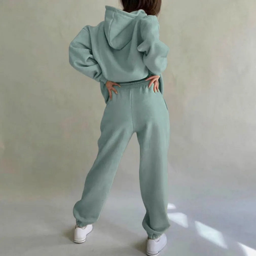 ContiNent 33 Women Fleece Two Piece Sets Elegant Solid Color Oversized Warm Hoodies and Long Pant Sports Suit Autumn Winter Tracksuit 2021
