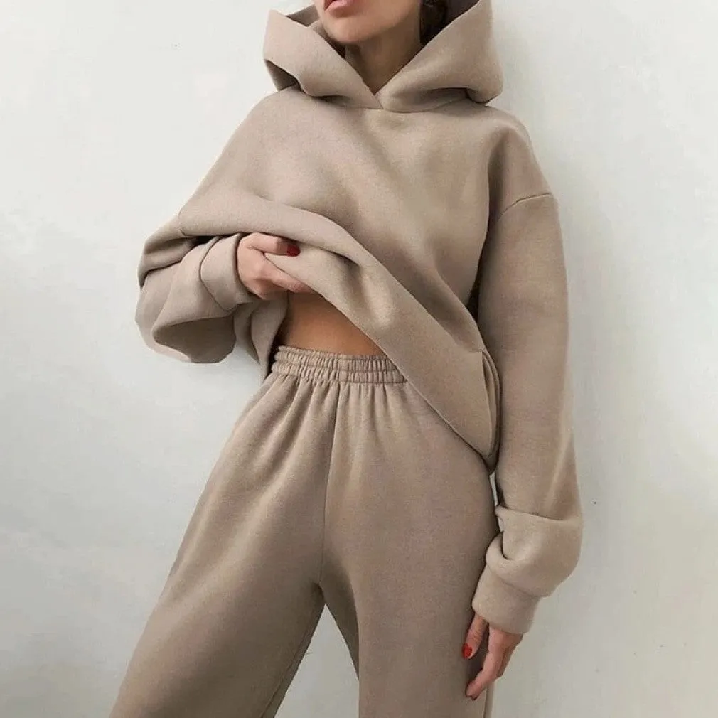 ContiNent 33 Women Fleece Two Piece Sets Elegant Solid Color Oversized Warm Hoodies and Long Pant Sports Suit Autumn Winter Tracksuit 2021