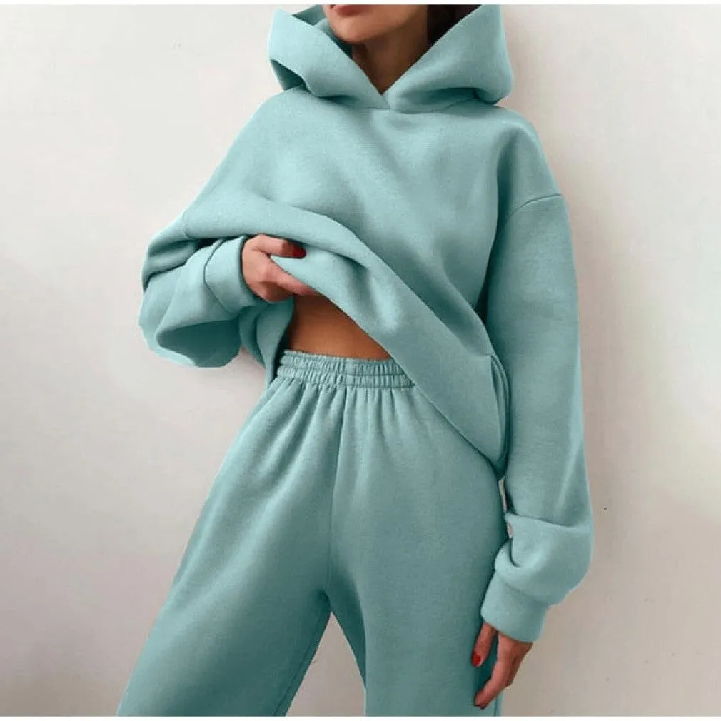 ContiNent 33 Women Fleece Two Piece Sets Elegant Solid Color Oversized Warm Hoodies and Long Pant Sports Suit Autumn Winter Tracksuit 2021