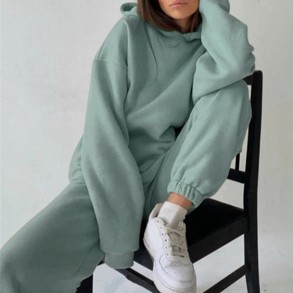 ContiNent 33 Women Fleece Two Piece Sets Elegant Solid Color Oversized Warm Hoodies and Long Pant Sports Suit Autumn Winter Tracksuit 2021