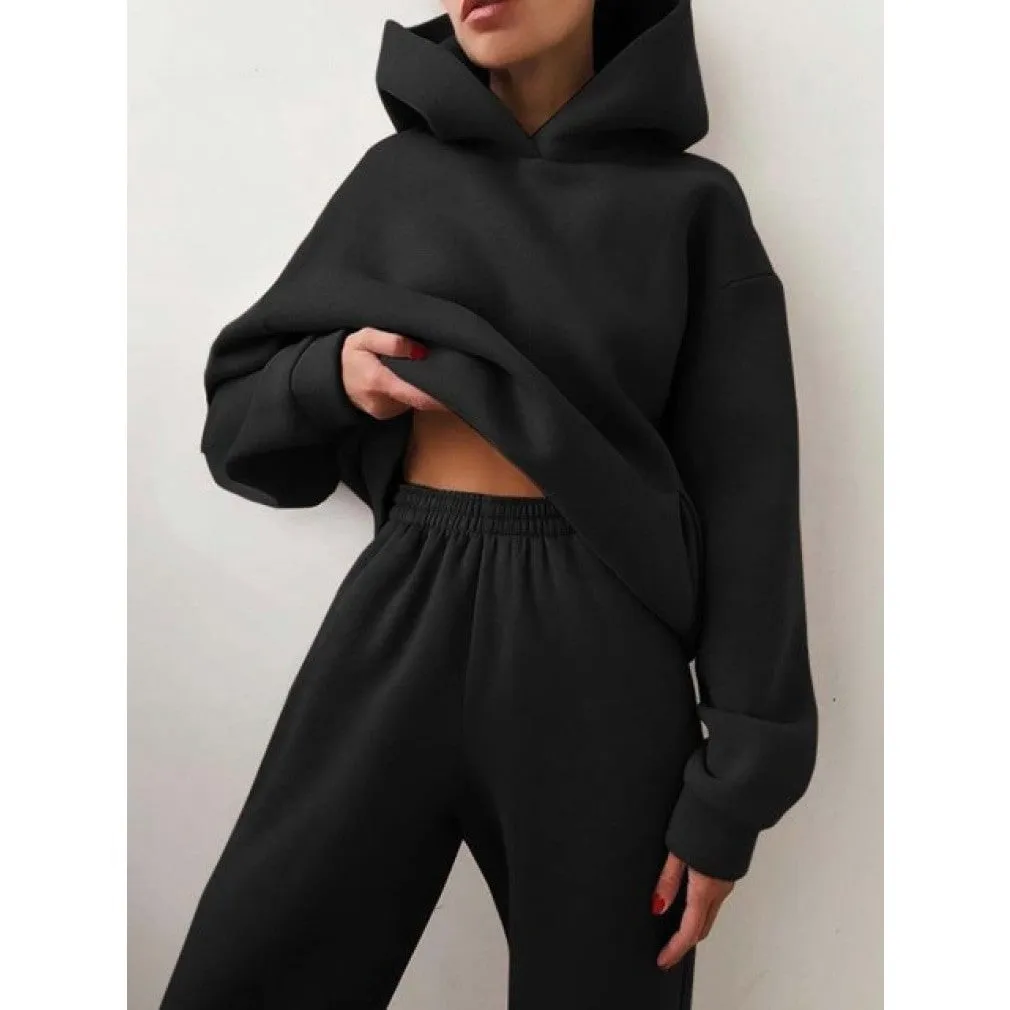 ContiNent 33 Women Fleece Two Piece Sets Elegant Solid Color Oversized Warm Hoodies and Long Pant Sports Suit Autumn Winter Tracksuit 2021