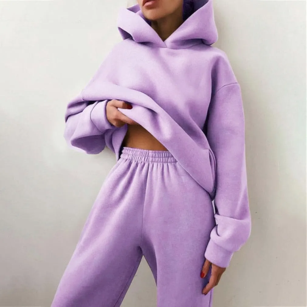 ContiNent 33 Women Fleece Two Piece Sets Elegant Solid Color Oversized Warm Hoodies and Long Pant Sports Suit Autumn Winter Tracksuit 2021