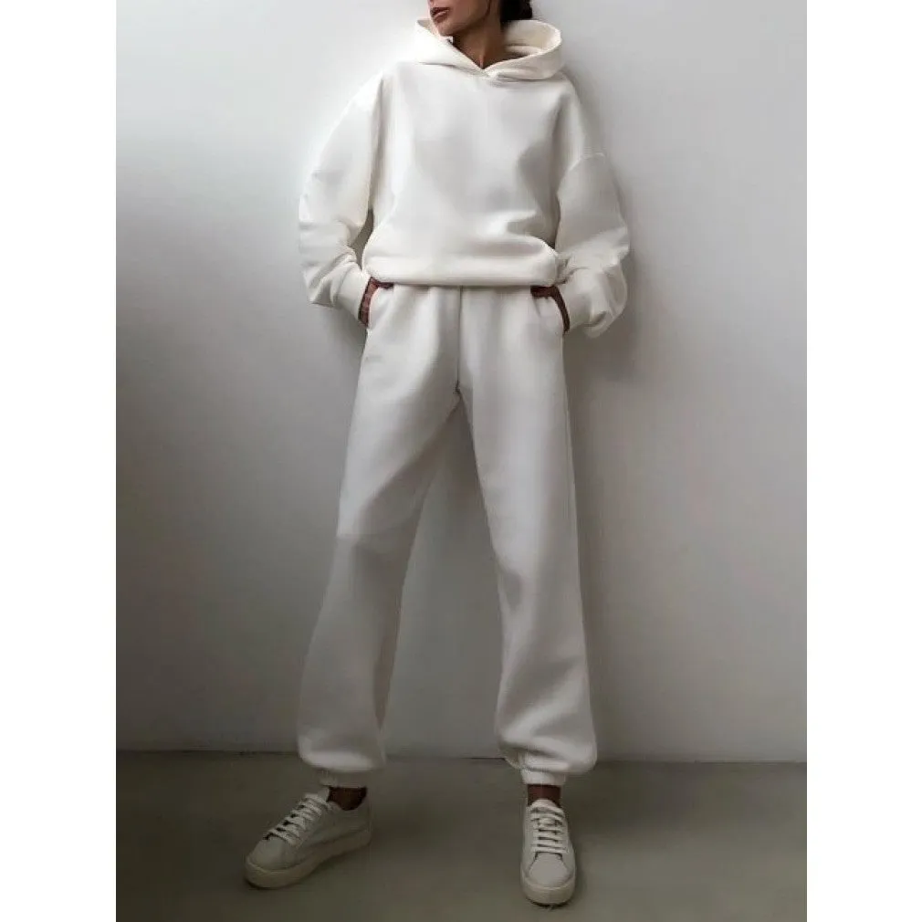 ContiNent 33 Women Fleece Two Piece Sets Elegant Solid Color Oversized Warm Hoodies and Long Pant Sports Suit Autumn Winter Tracksuit 2021