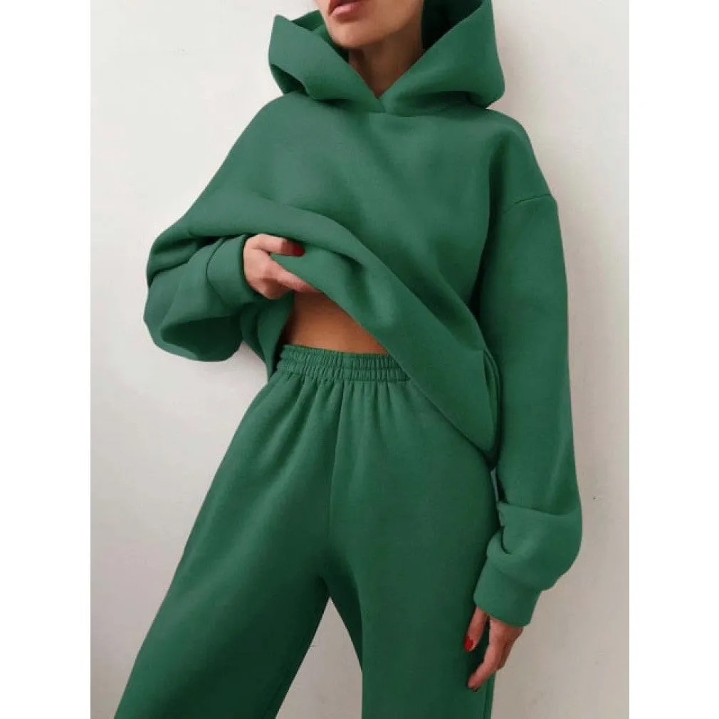 ContiNent 33 Women Fleece Two Piece Sets Elegant Solid Color Oversized Warm Hoodies and Long Pant Sports Suit Autumn Winter Tracksuit 2021