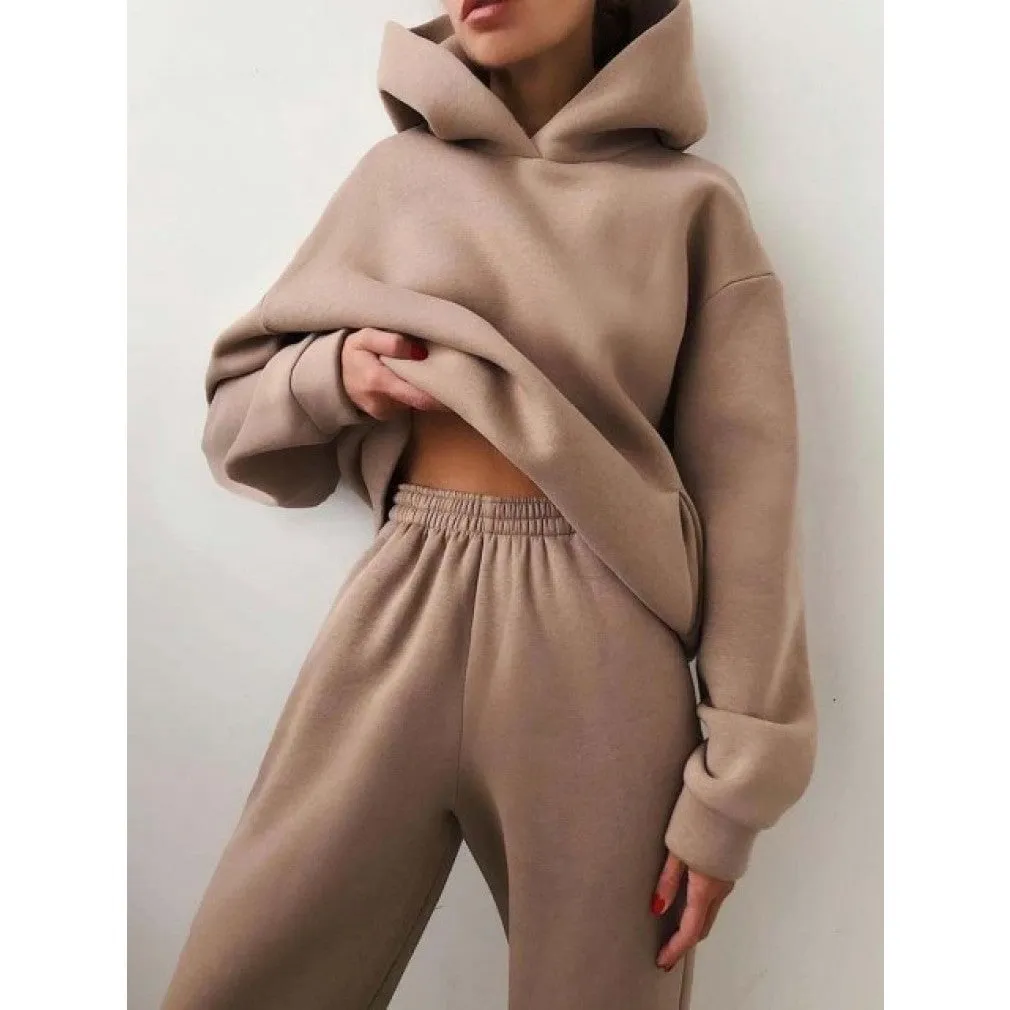 ContiNent 33 Women Fleece Two Piece Sets Elegant Solid Color Oversized Warm Hoodies and Long Pant Sports Suit Autumn Winter Tracksuit 2021