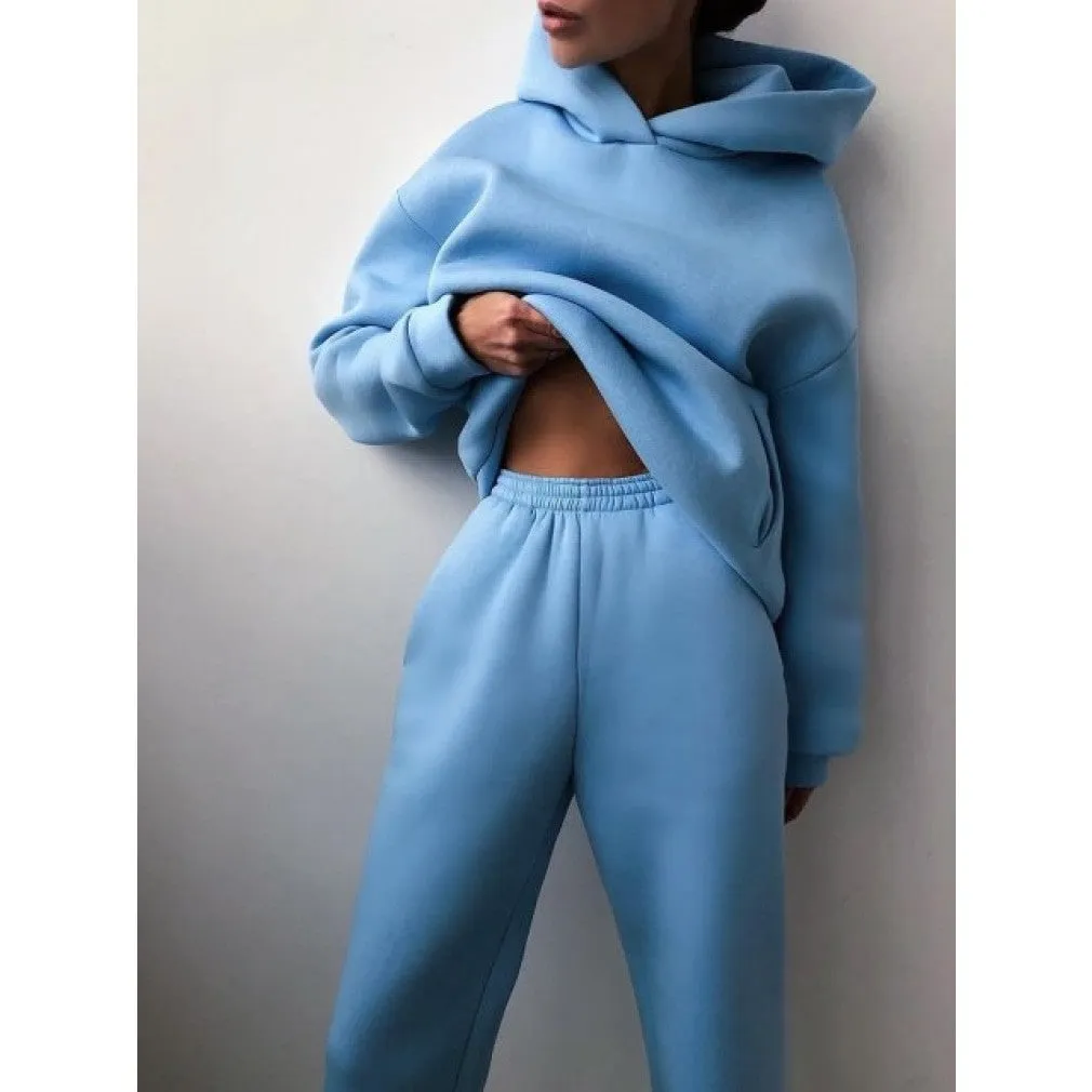 ContiNent 33 Women Fleece Two Piece Sets Elegant Solid Color Oversized Warm Hoodies and Long Pant Sports Suit Autumn Winter Tracksuit 2021