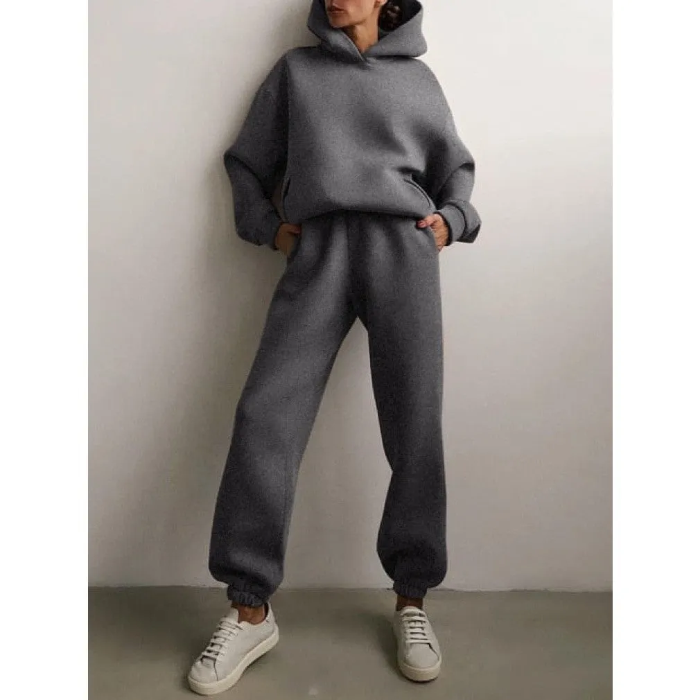 ContiNent 33 Women Fleece Two Piece Sets Elegant Solid Color Oversized Warm Hoodies and Long Pant Sports Suit Autumn Winter Tracksuit 2021