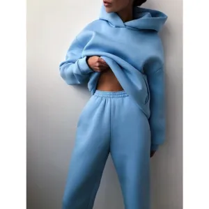 ContiNent 33 Women Fleece Two Piece Sets Elegant Solid Color Oversized Warm Hoodies and Long Pant Sports Suit Autumn Winter Tracksuit 2021