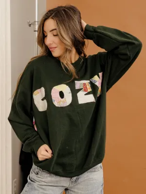 COZY Quilted Applique Green Thrifted Sweatshirt