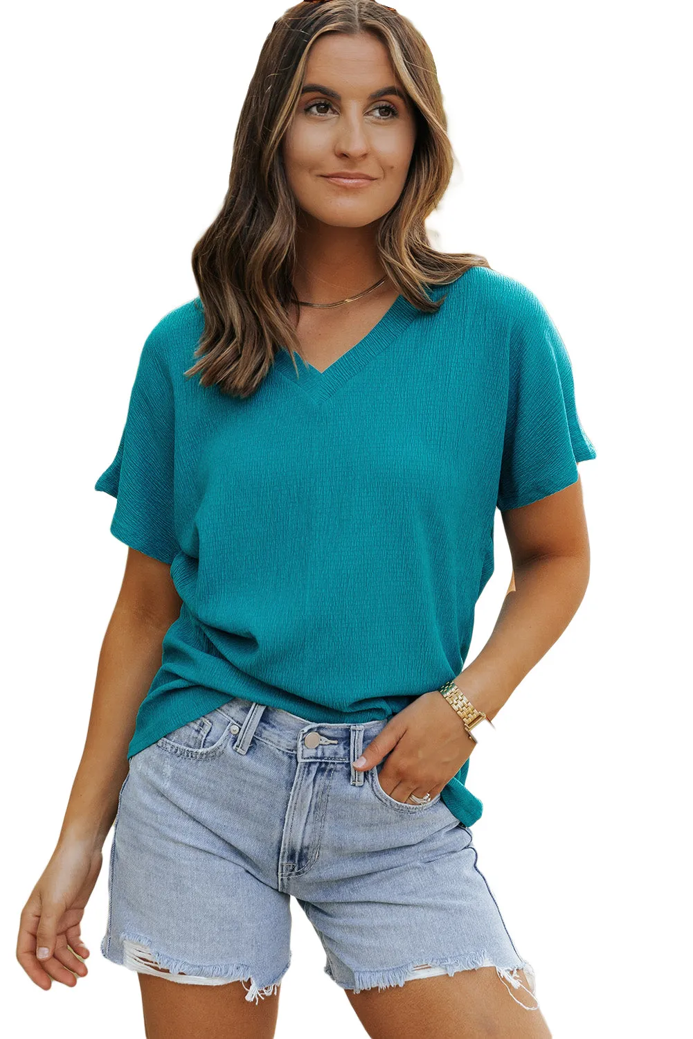 Crinkled V Neck Wide Sleeve T-shirt