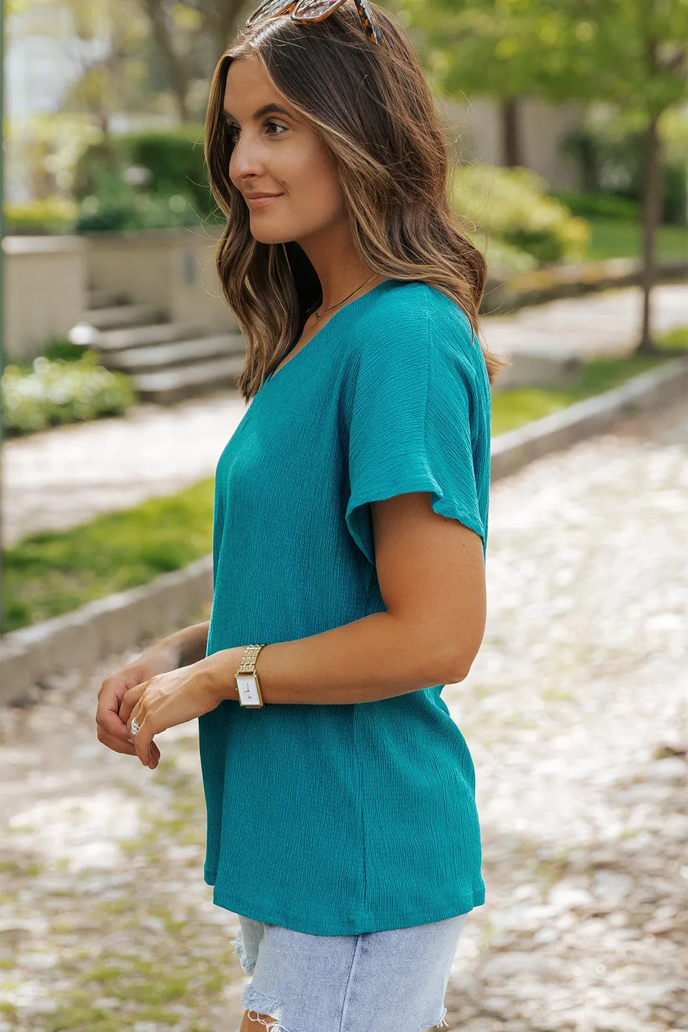 Crinkled V Neck Wide Sleeve T-shirt