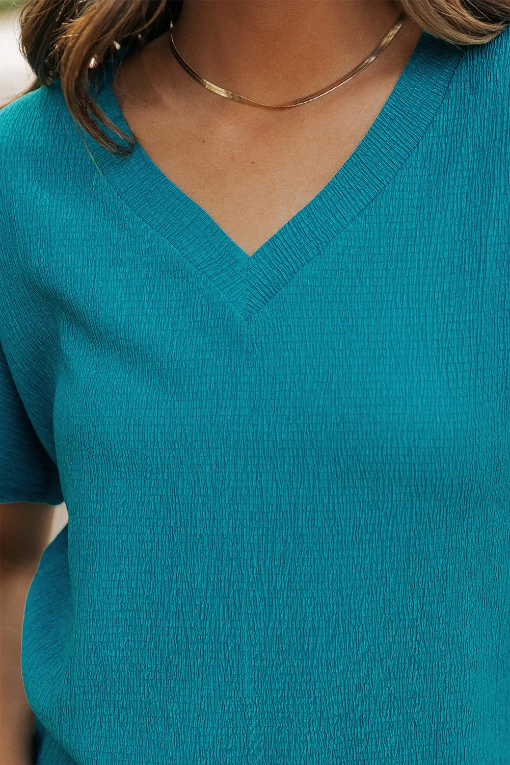 Crinkled V Neck Wide Sleeve T-shirt