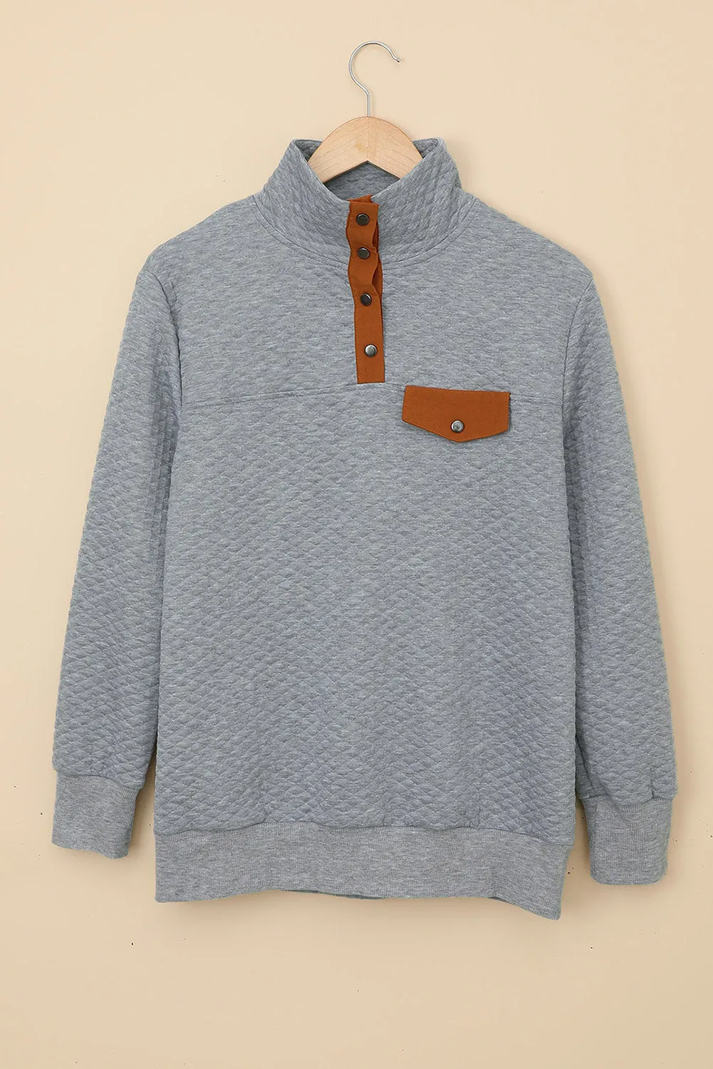 Dark Gray Quilted Snaps Stand Neck Sweatshirt with Fake Front Pocket