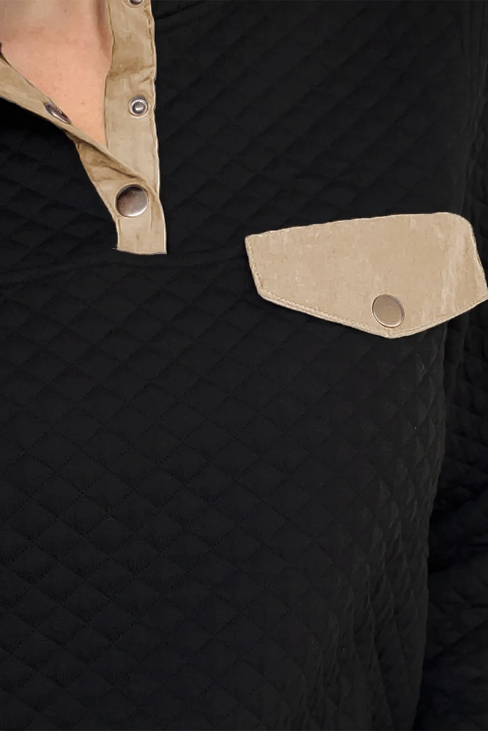 Dark Gray Quilted Snaps Stand Neck Sweatshirt with Fake Front Pocket