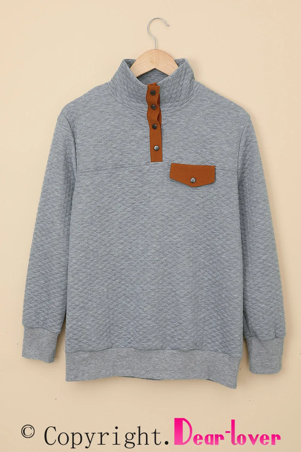 Dark Gray Quilted Snaps Stand Neck Sweatshirt with Fake Front Pocket