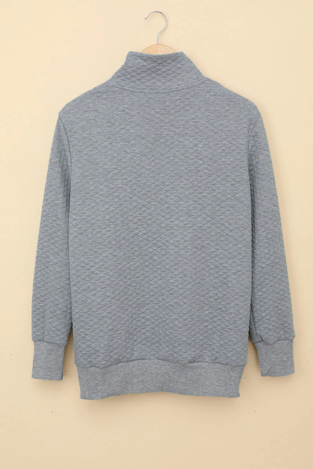 Dark Gray Quilted Snaps Stand Neck Sweatshirt with Fake Front Pocket