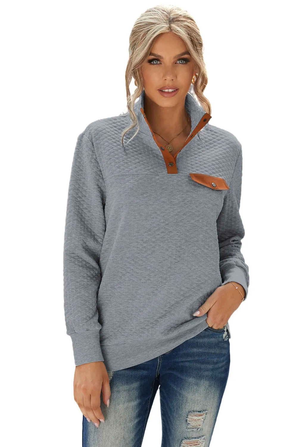 Dark Gray Quilted Snaps Stand Neck Sweatshirt with Fake Front Pocket