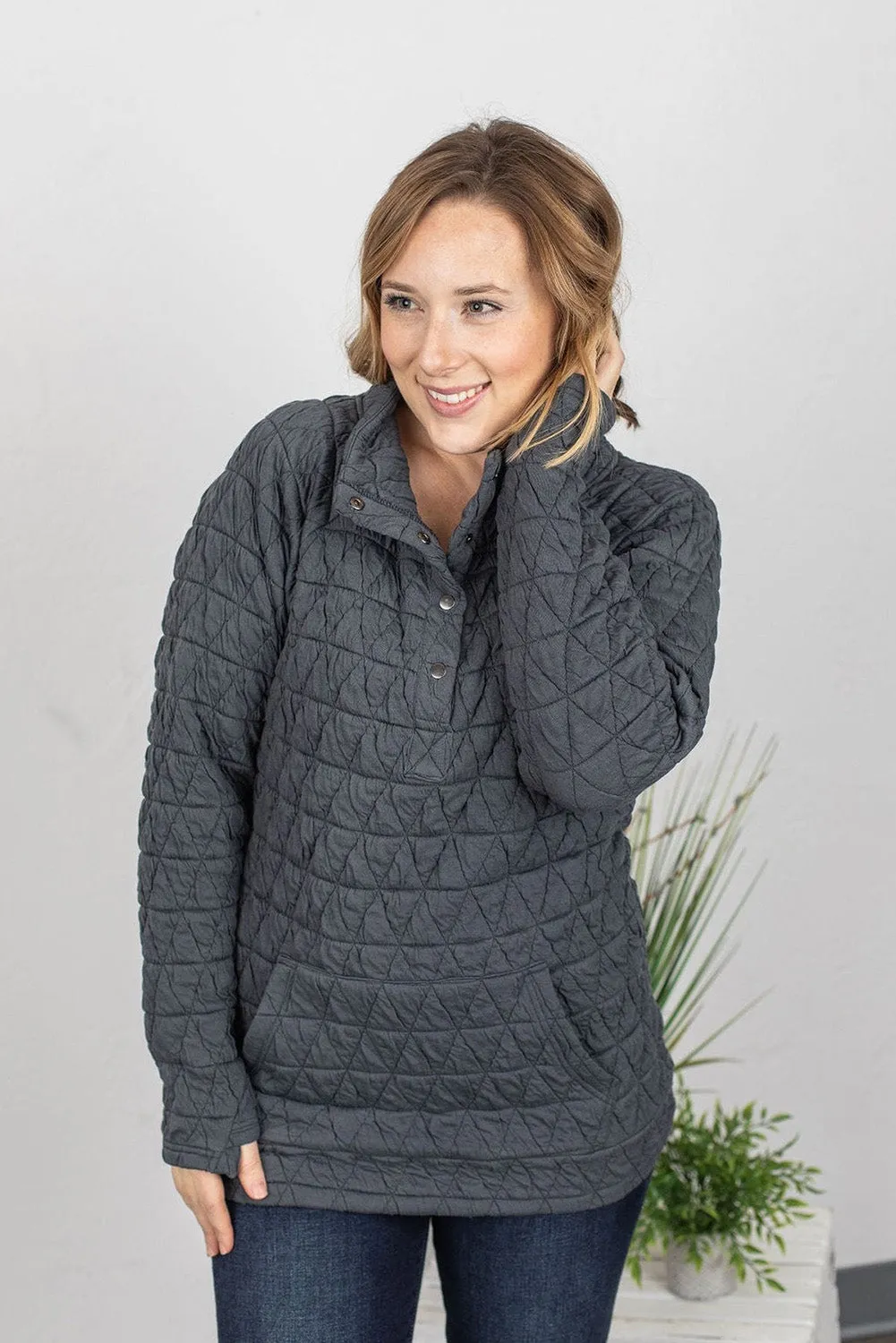 Dark Grey Quilted Button High Neck Thumbhole Sleeve Sweatshirt