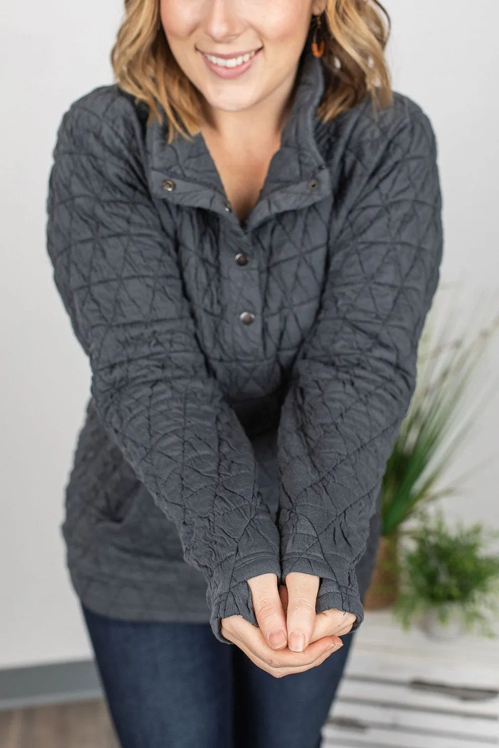 Dark Grey Quilted Button High Neck Thumbhole Sleeve Sweatshirt