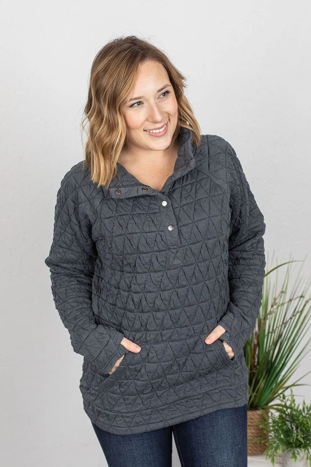 Dark Grey Quilted Button High Neck Thumbhole Sleeve Sweatshirt