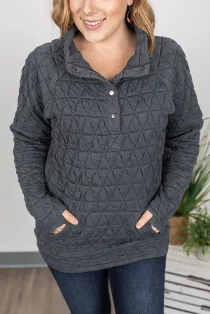 Dark Grey Quilted Button High Neck Thumbhole Sleeve Sweatshirt