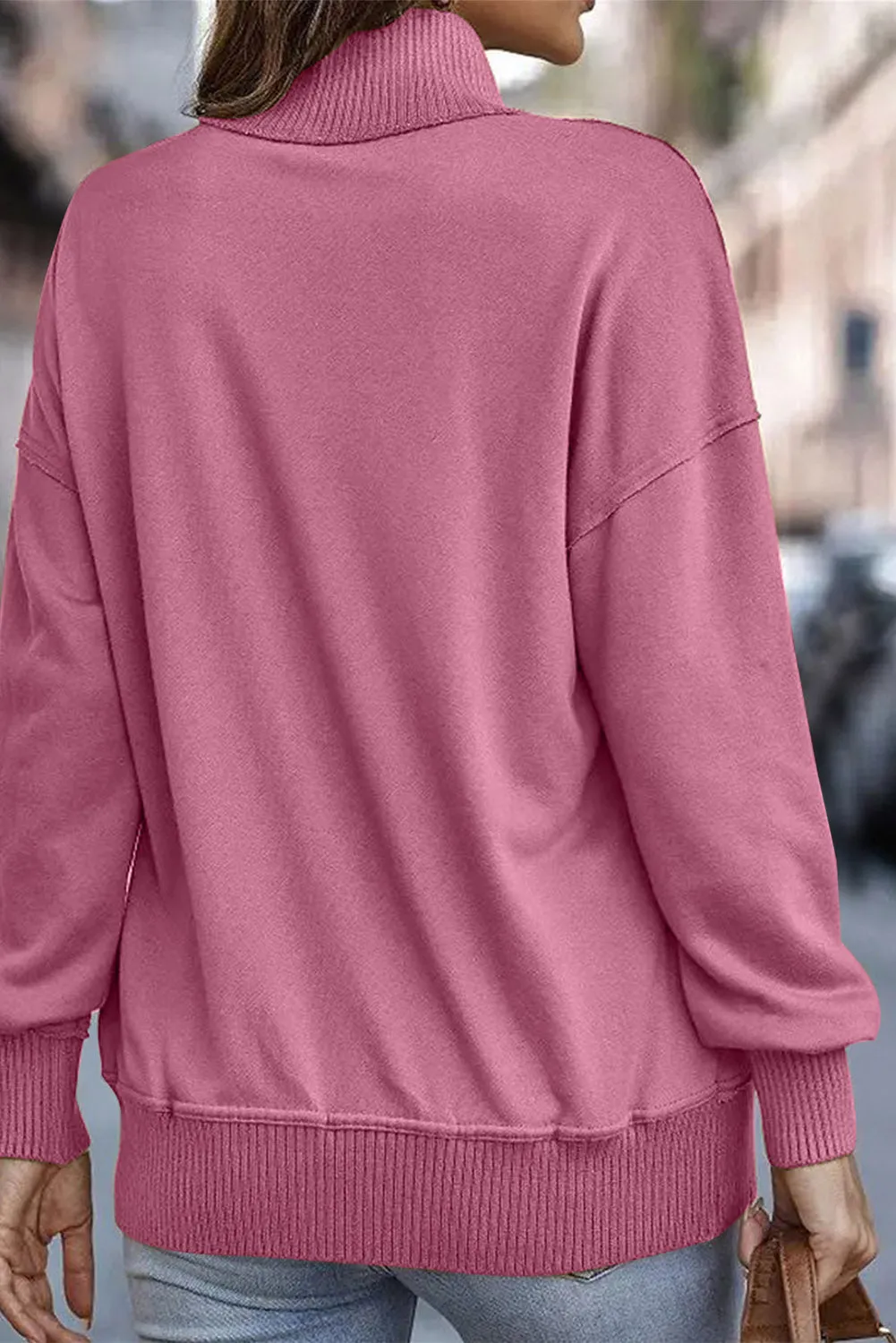 Dark Pink Ribbed Hem Snap Button Neckline Sweatshirt with Pocket
