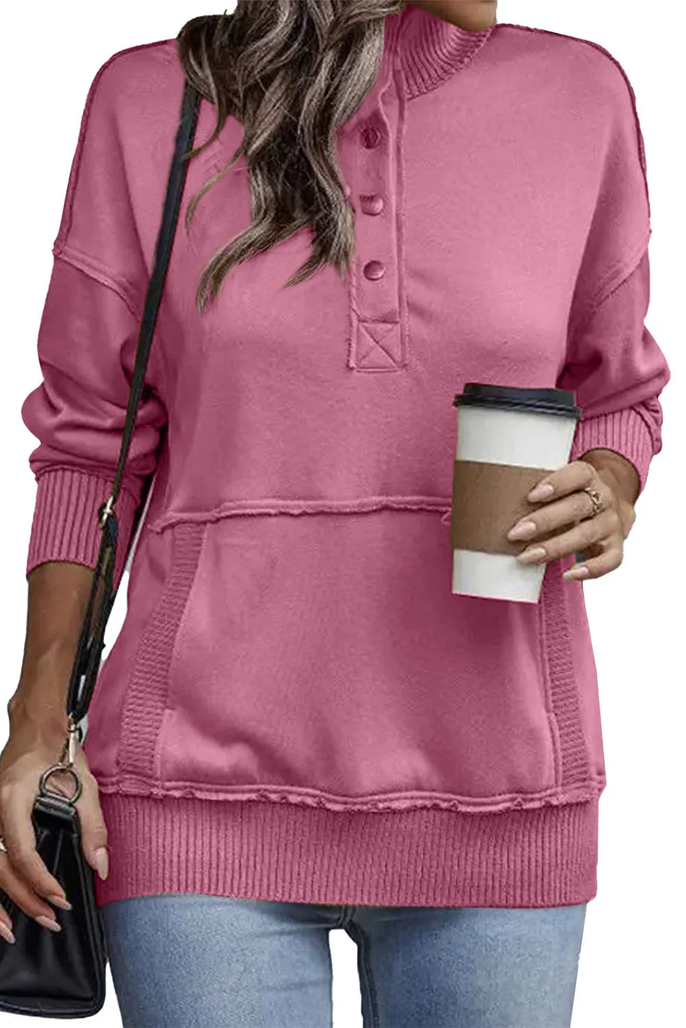 Dark Pink Ribbed Hem Snap Button Neckline Sweatshirt with Pocket