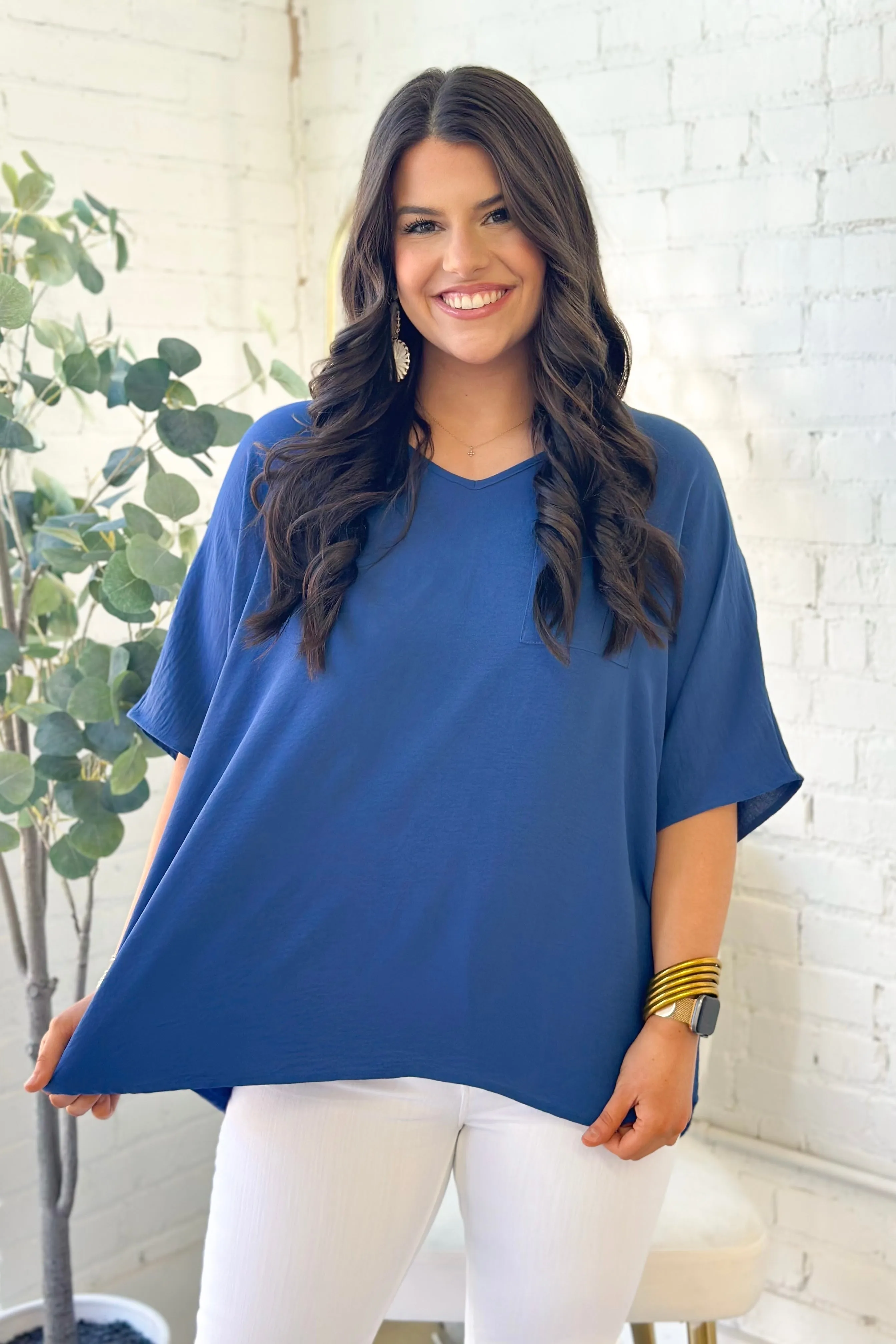 Denim V-Neck Pocket Top
