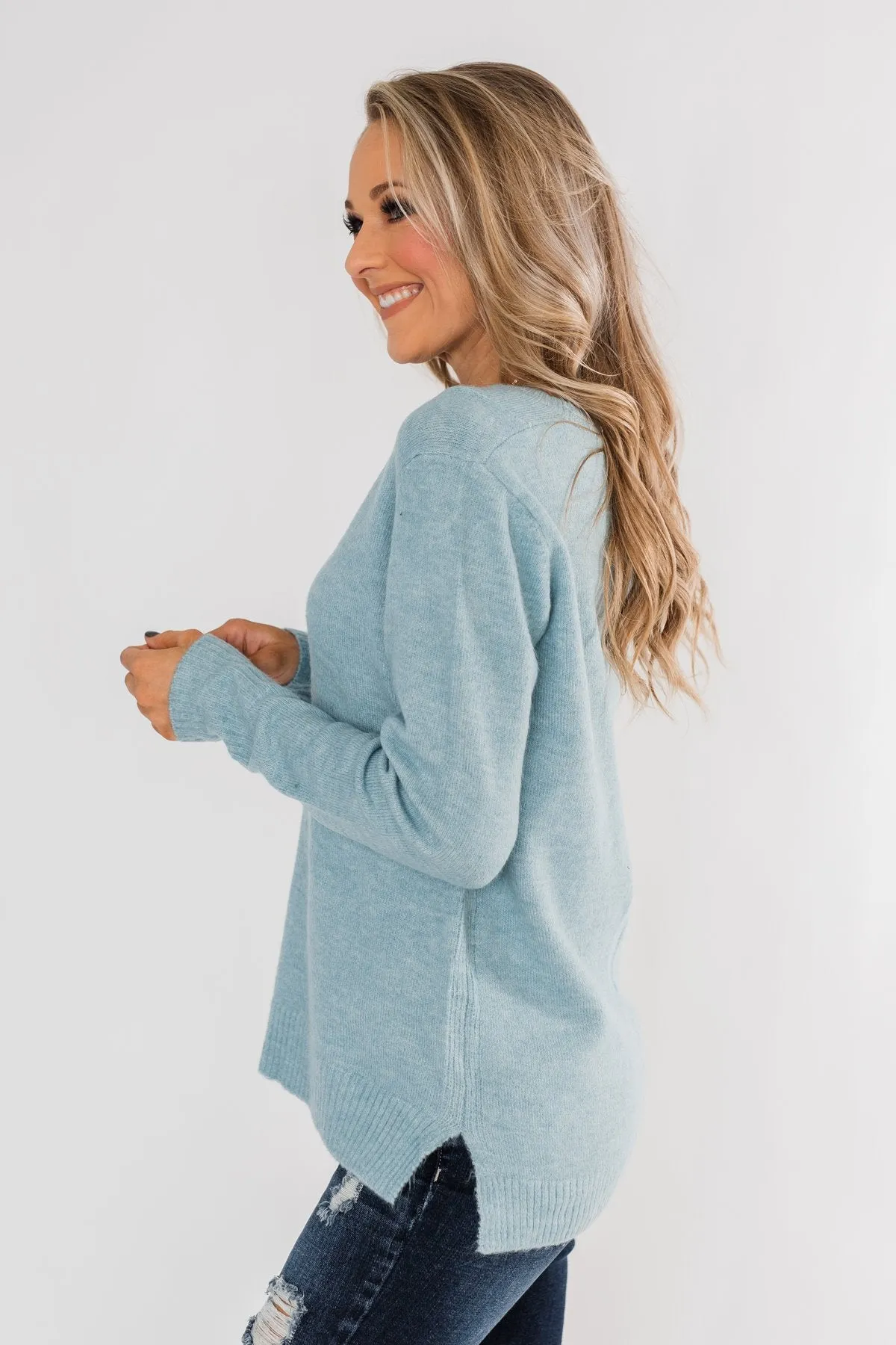 Feel This Moment V-Neck Sweater- Sky Blue