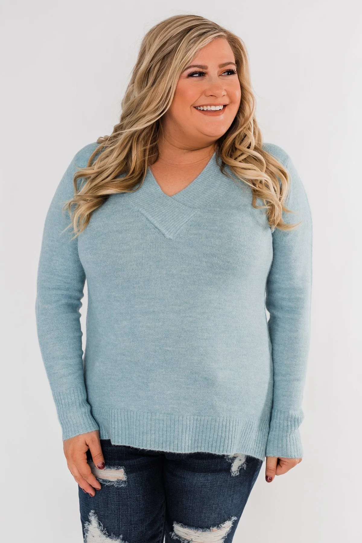 Feel This Moment V-Neck Sweater- Sky Blue