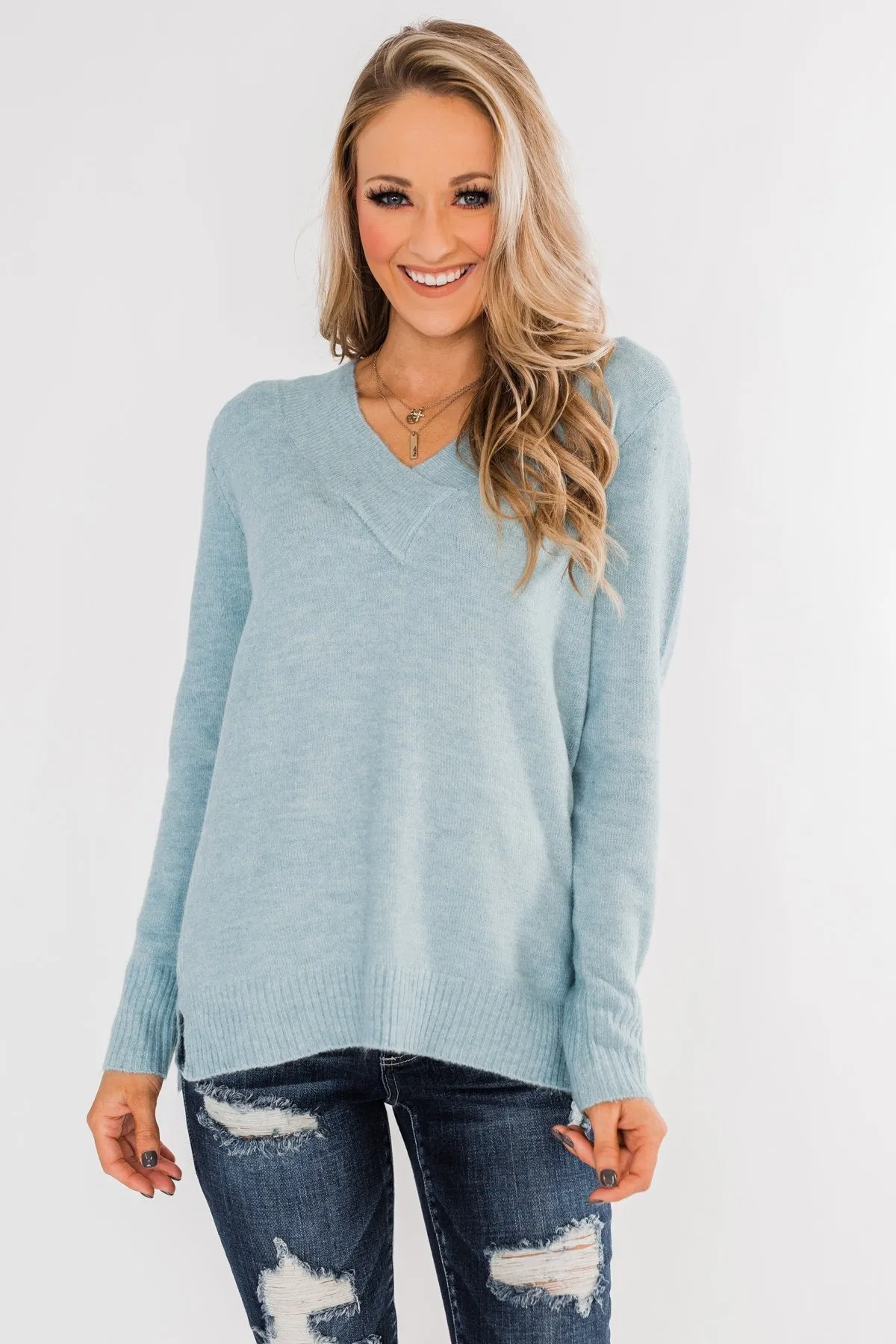 Feel This Moment V-Neck Sweater- Sky Blue