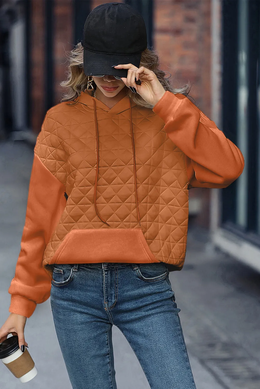 Gold Flame Drop Shoulder Kangaroo Pocket Patchwork Quilted Hoodie