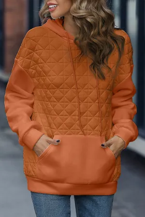 Gold Flame Drop Shoulder Kangaroo Pocket Patchwork Quilted Hoodie
