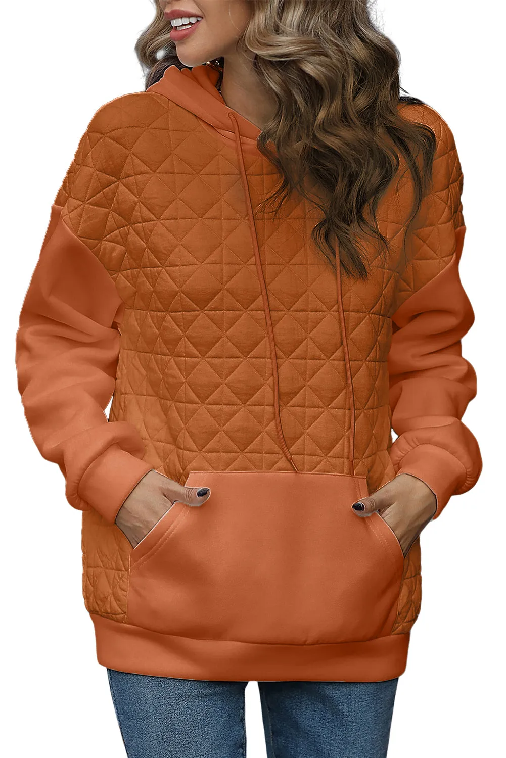 Gold Flame Drop Shoulder Kangaroo Pocket Patchwork Quilted Hoodie