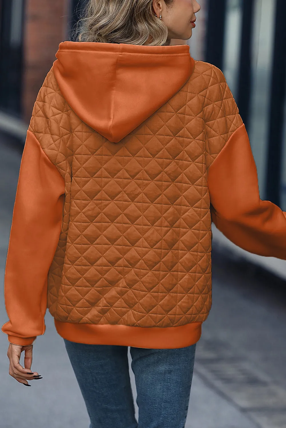 Gold Flame Drop Shoulder Kangaroo Pocket Patchwork Quilted Hoodie