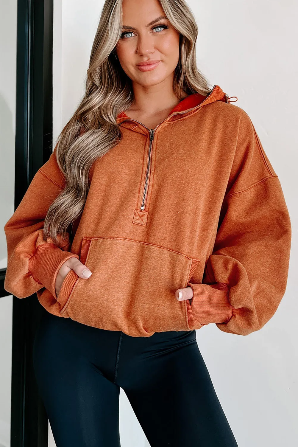 Gold Flame Solid Color Half Zipper Kangaroo Pocket Hoodie