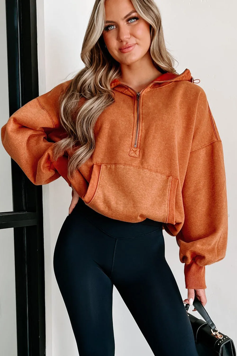 Gold Flame Solid Color Half Zipper Kangaroo Pocket Hoodie