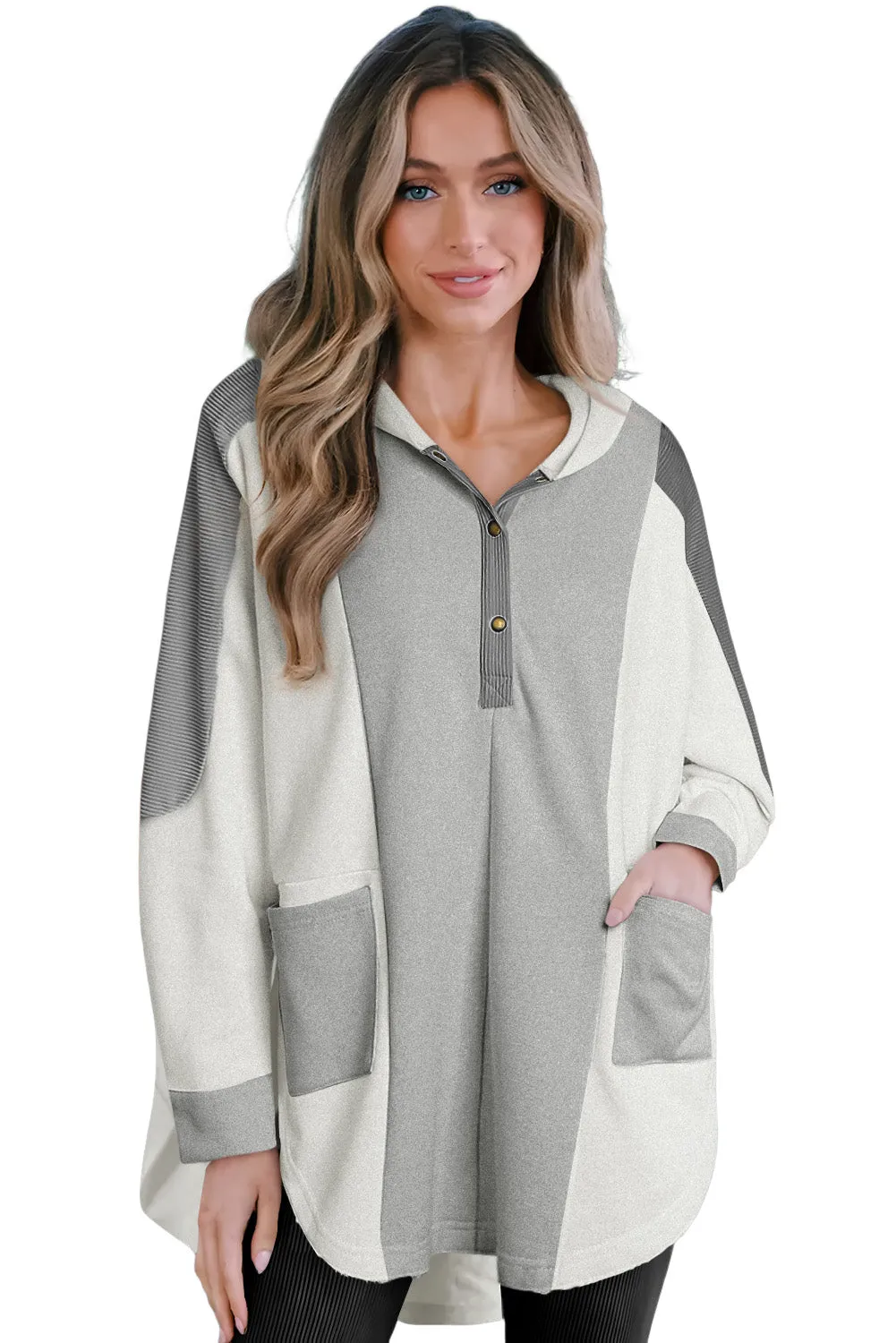 Gray Patchwork Side Pockets Oversized Henley Hoodie
