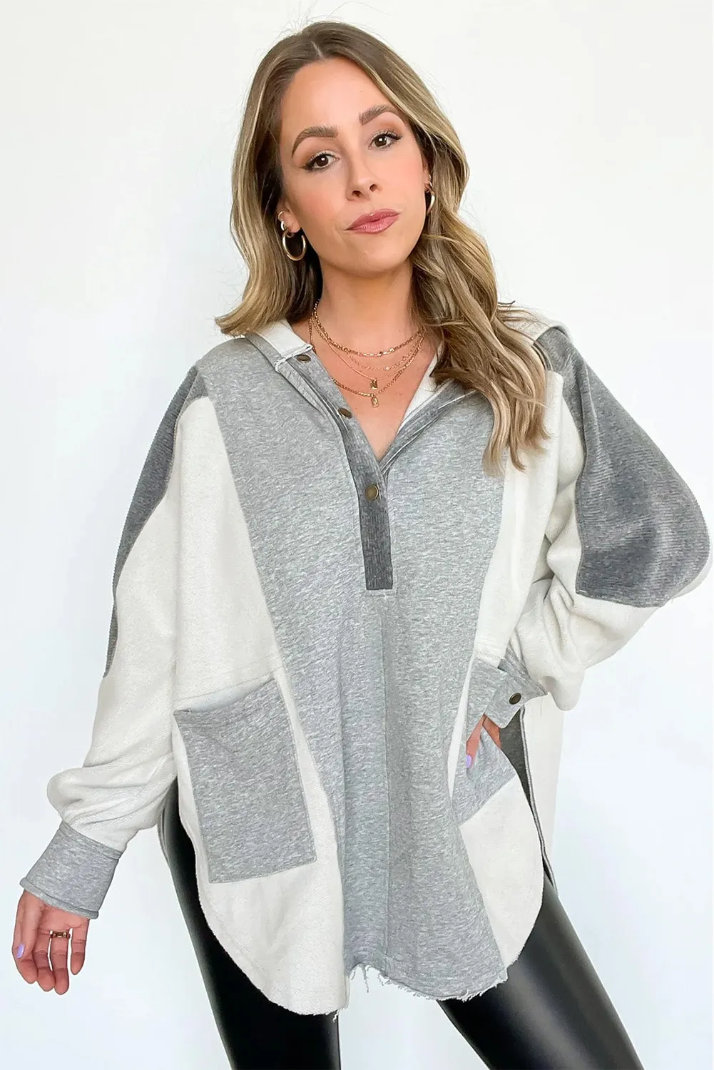 Gray Patchwork Side Pockets Oversized Henley Hoodie