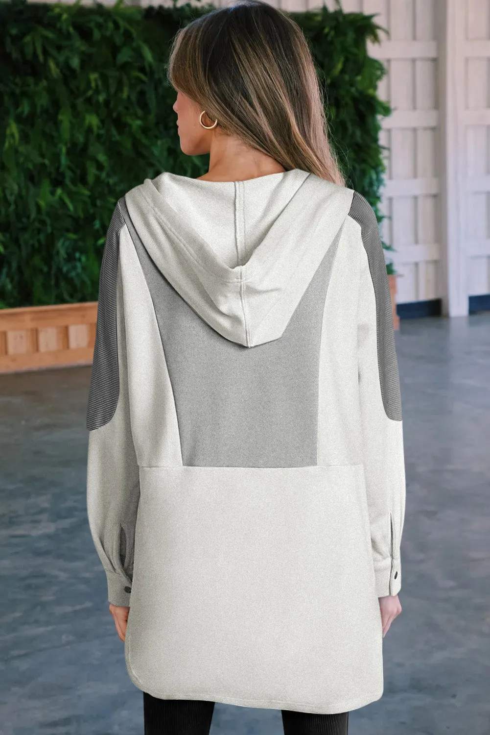 Gray Patchwork Side Pockets Oversized Henley Hoodie