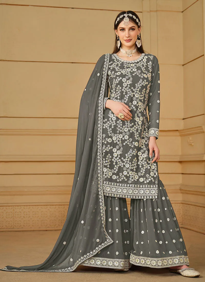 Grey Thread And Sequence Embroidery Gharara Suit