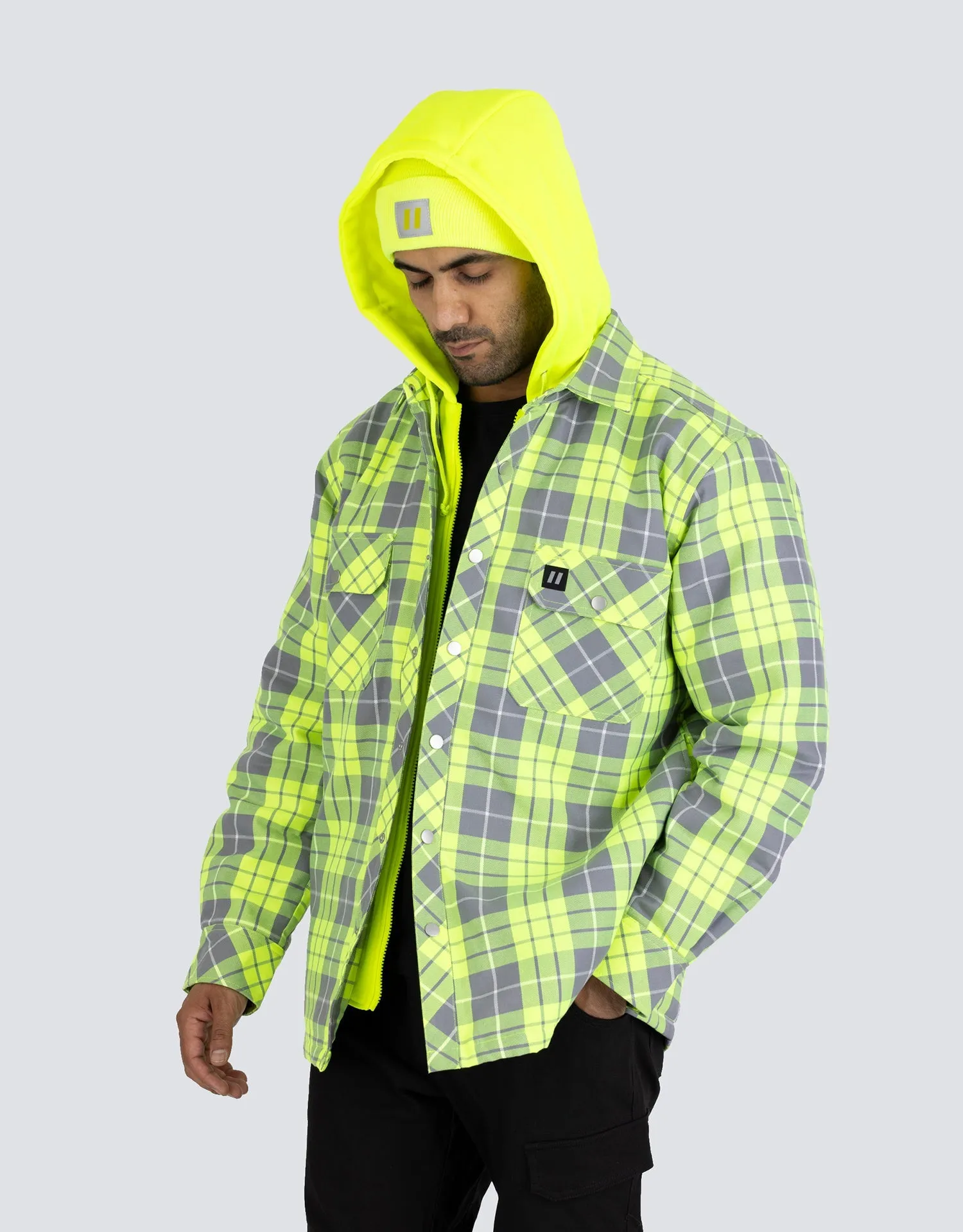 Hi Vis Hooded Plaid Quilt-Lined Flannel Shirt Jacket
