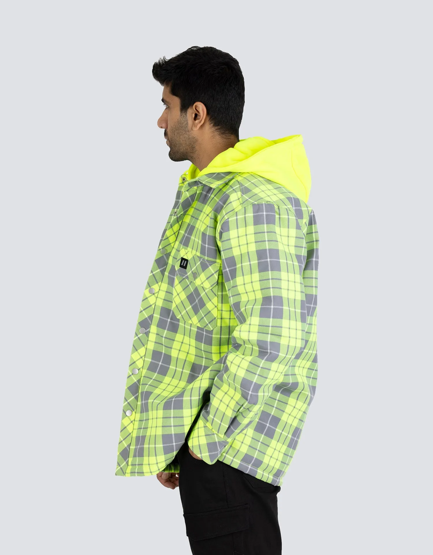 Hi Vis Hooded Plaid Quilt-Lined Flannel Shirt Jacket